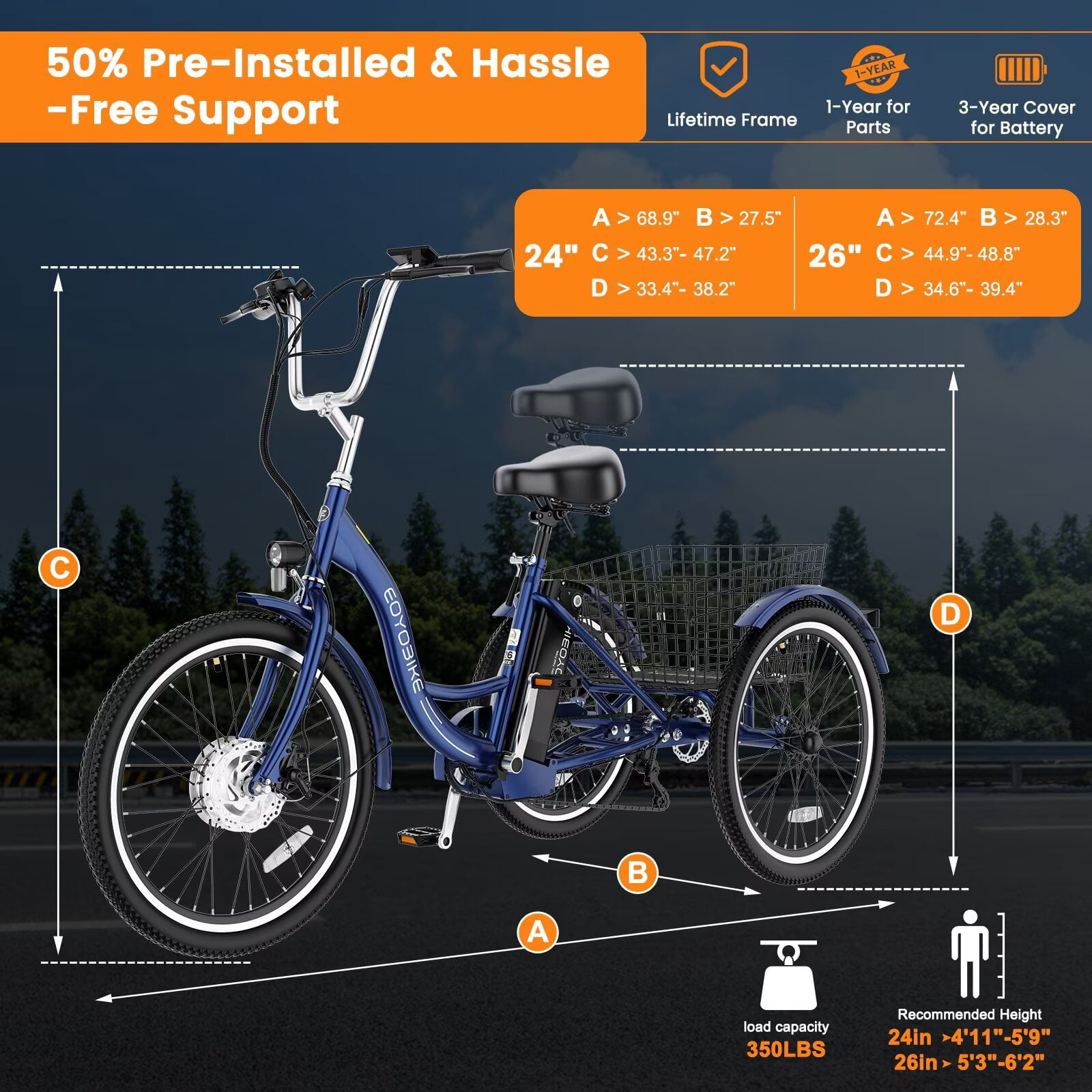 MOONCOOL 24"/26" Adult Electric Tricycle W/ Chain lock, Peak 700W 36V 10.4AH, 7 Speeds Step Through Electric Trike Motorized Three Wheel Electric Bikes w/ Large Basket for Women Men