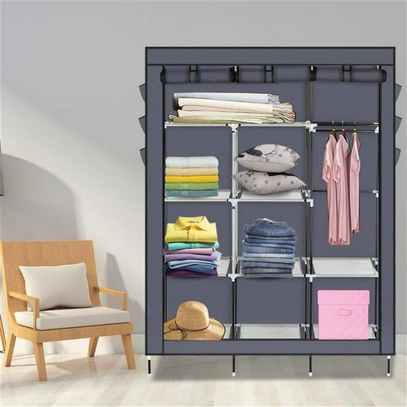 Portable Shelves Clothes Closet, Bedroom Wardrobe Storage Organizer, Hanging Rods and Shelves,Non-Woven Fabric,Gray
