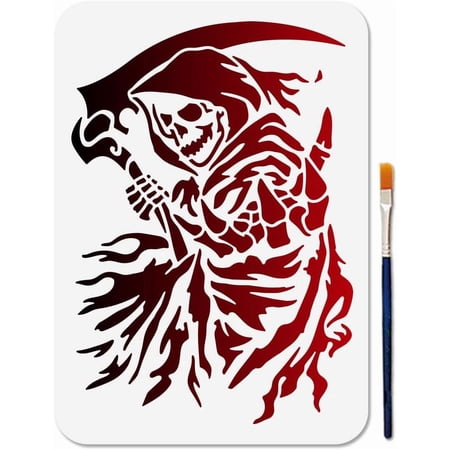 Grim Reaper Stencil Scythe of Death Stencils for Painting 11.7×8.3inch Reusable Cloak Stencil Crafts Drawing Templates with Paint Brush for DIY Craft on Wood Wall Home Decor Silver