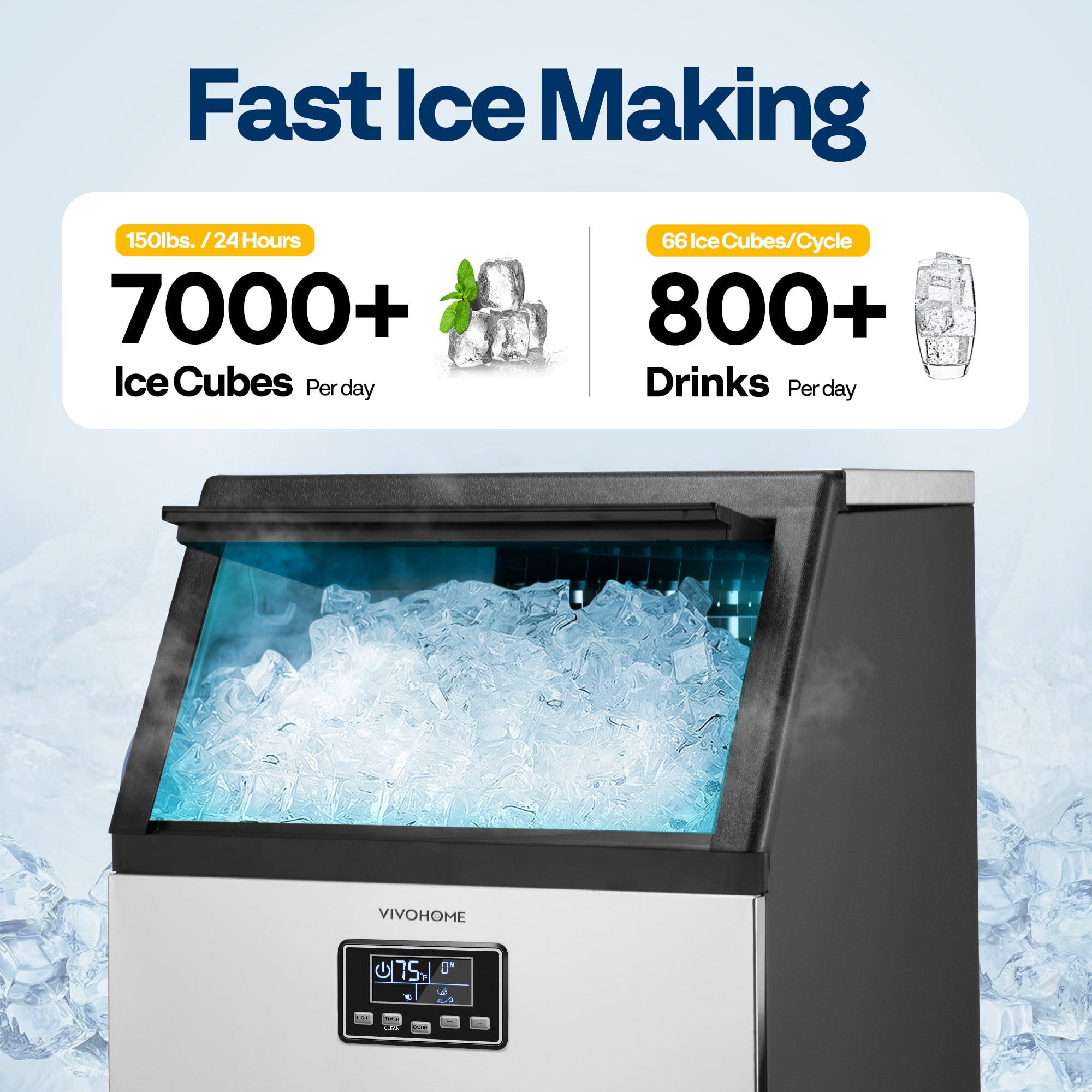 SPECSTAR Commercial Ice Maker 150lbs/24h,Ice Machine with 29lbs Storage 66 Cubes,Stainless Steel Construction,Auto Operation for Bar Home Supermarkets Includes Scoop and Con,Sliver