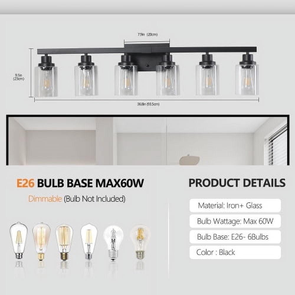 ACE-LIGHTS,6-Lights Rustic Bathroom Light Fixture(Bulbs Not Included),Bathroom Sconce,Farmhouse Vanity Lights Fixture for Bathroom,Dressing room,Living Room,Bedroom(Black)