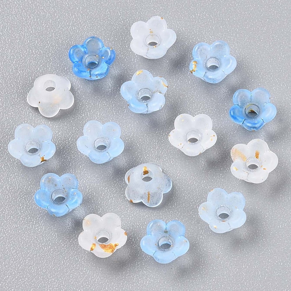 Frosted Transparent Acrylic Beads Flower with Gold Foil Light Sky Blue 5.5~6x3mm Hole: 1.5mm about 10860pcs/500g.
