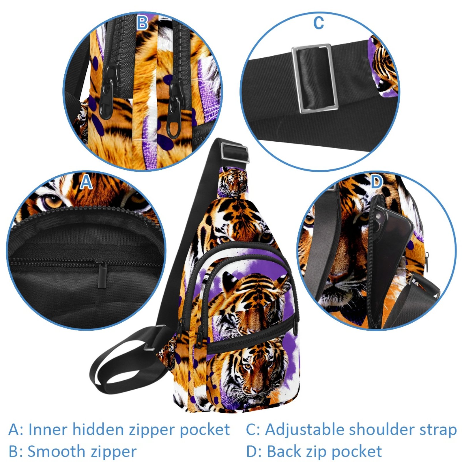ERJLKXP Animal Tiger Small Mens Women Crossbody Chest Bag, Travel Over Shoulder Sling Bag Backpack Men Side Bag,Daypack