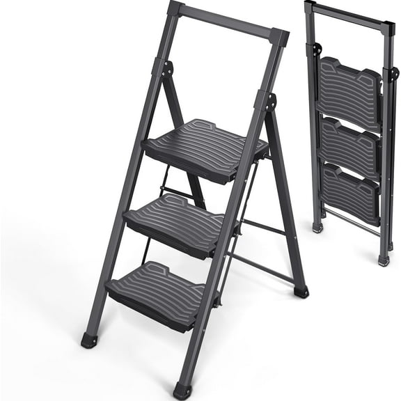 Step Ladder 3 Step Folding, 900lbs 3 Step Ladder with Non-Skid Wide Pedal and Handrails, Lightwight Household Ladder, Sturdy Step Stool, for Your Kitchen, Closets, Office Use, Garage, Black