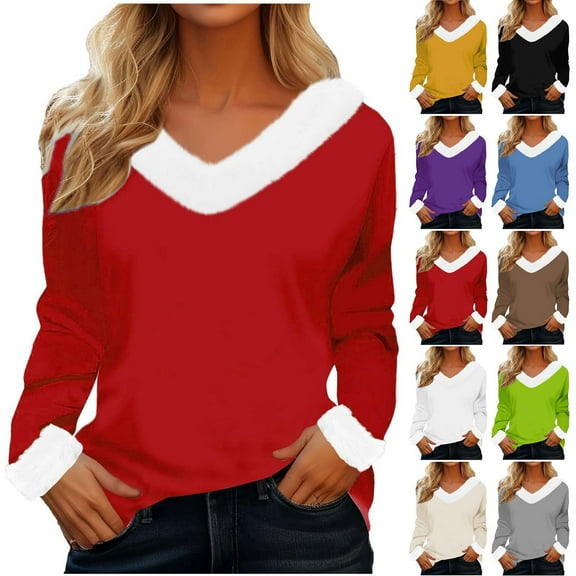 Olyvenn Stylish Faux Fur Trim V Neck Fashion Sweatshirts for Women Solid Loose Xmas Long Sleeve Pullover Holiday Tops Tunic Blouses Black 10