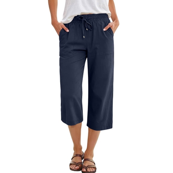 HKYNLAG Womens Capri Pants Summer Wide Leg High Waisted Cotton Linen Pants Drawstring Casual Trousers with Pockets Navy M