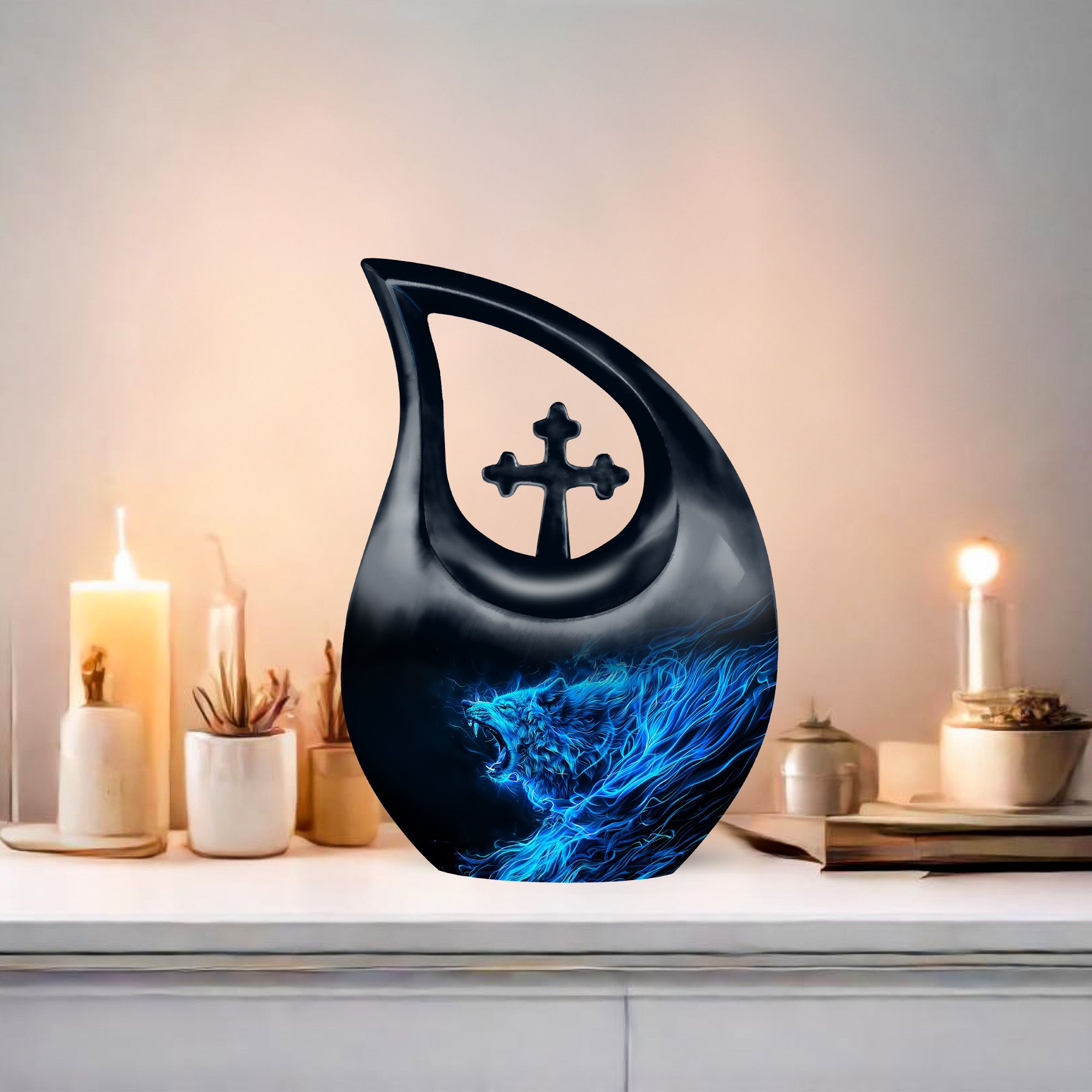 MUKTIVE Blue Wolf Large Funeral urns for Human Ashes Adult Women - Memorial urn for Human Ashes Adult Male - Burial Decorative Remains 10 inch