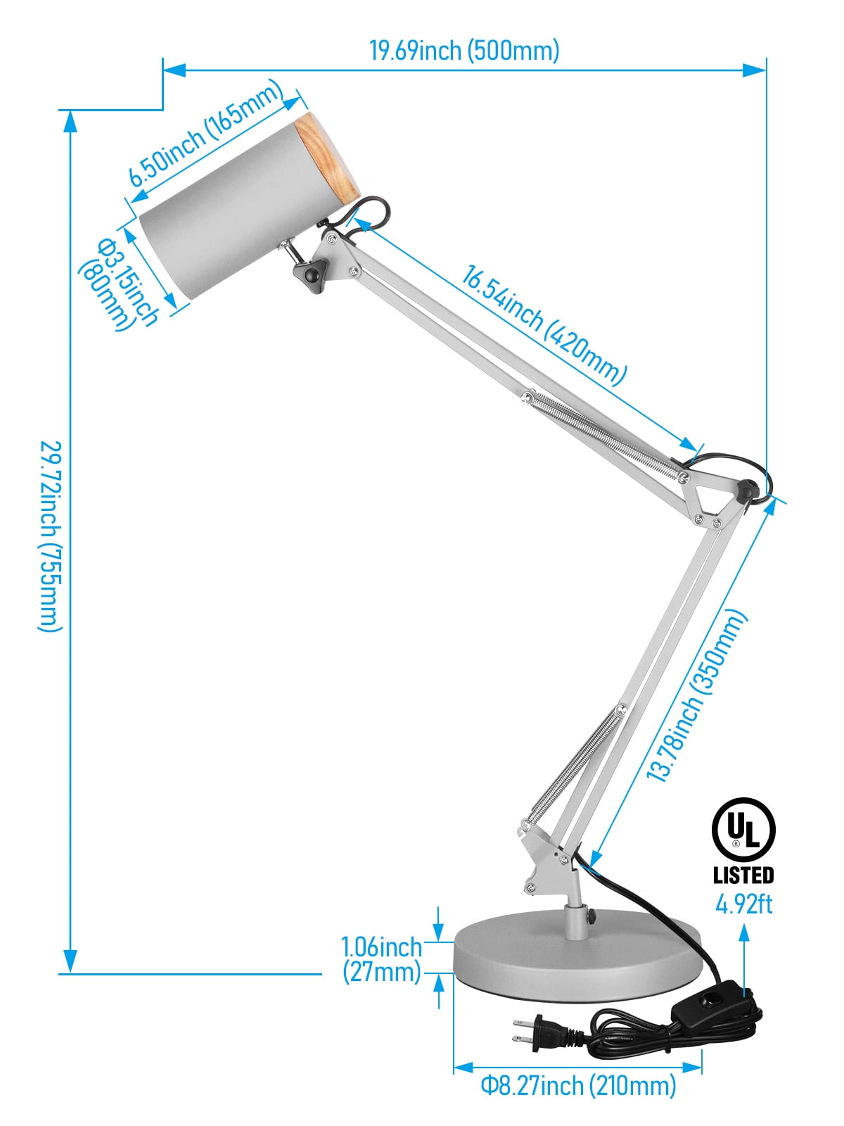 2 Pack Adjustable Metal Table Lamp, Large Size Max Height 29.7", E26 Base, Swing Arm Desk Light with Wooden Accent, Grey
