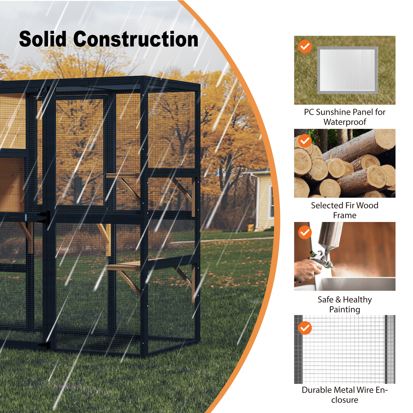 TIMHAKA Catio Outdoor Cat Enclosure Large Wooden Cat House for Mulitiple Cats w/ Resting Box, Platform, Waterproof Roof & Large Door, Black & Yellow
