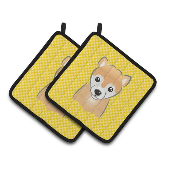Carolines Treasures BB1133PTHD Yellow Checkered Shiba Inu Pair of Pot Holders, 7.5HX7.5W, multicolor