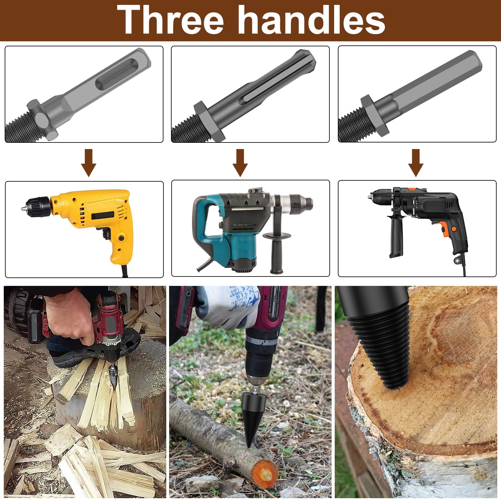 2Pcs Firewood Log Splitter 32mm 42mm High-Carbon Steel Wood Log Drill Bit with Hex/Round/Square Shank Titanium Coated Sturdy Wood Splitting Screw Cone for Electric Drill Camping