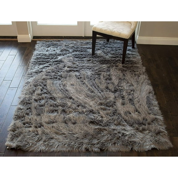 5x7 Feet Gray Grey Charcoal Colors Faux Sheepskin Sheep Hide Furry Fuzzy Area Rug Carpet Rug Solid Plush Pile Soft Decorative Designer Bedroom Living Room Modern Contemporary Polyester Made