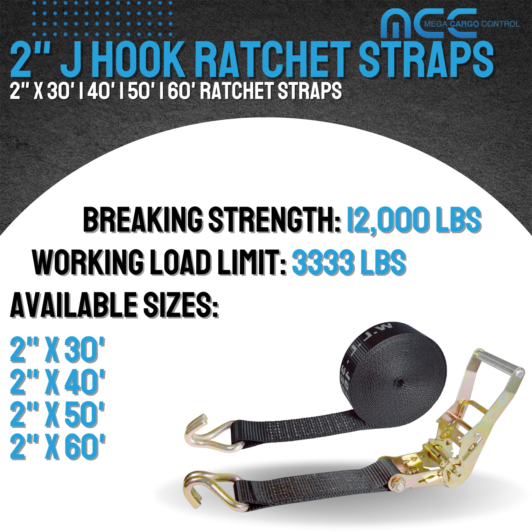 Mega Cargo Control USA Heavy Duty 2" x 60' Ratchet Strap J Hook Flatbed Truck Farm Tie Down 4 Pack