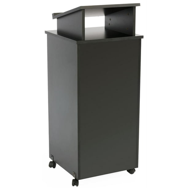 Displays2go Rolling Wood Podium, 44"H, Locking Wheels, 2 Shelf Open