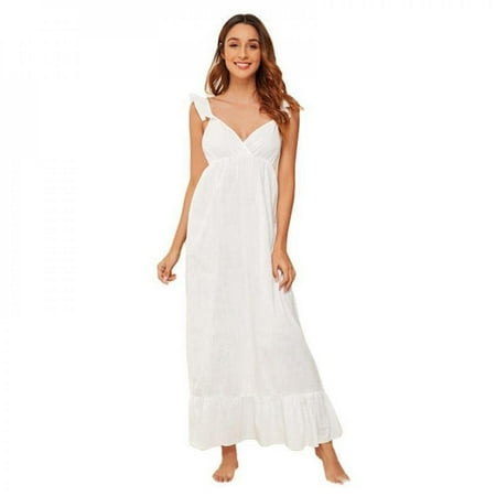 

Final Clear Out! Women Cotton Sleeveless Nightgowns Deep V-neck Maxi Nightdress Cute Ruffled Spaghetti Straps Sleep Dress Loose Pajama Sleepwear