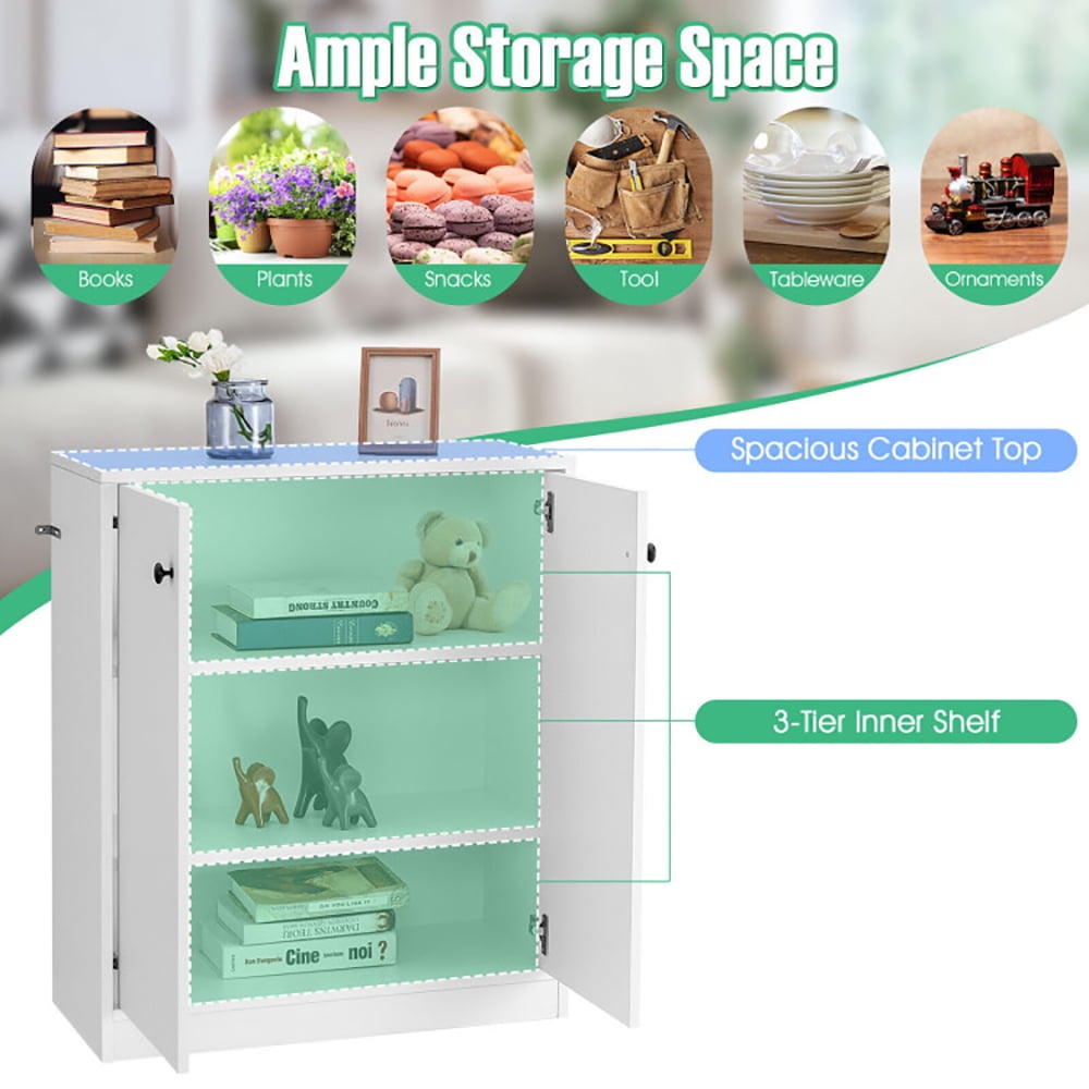 Finihen Storage Cabinet, Sideboard Storage Cabinet, 2 Door Storage Base Cabinet with 3-Tier Shelf, for Living Room, Bedroom, Entryway, White