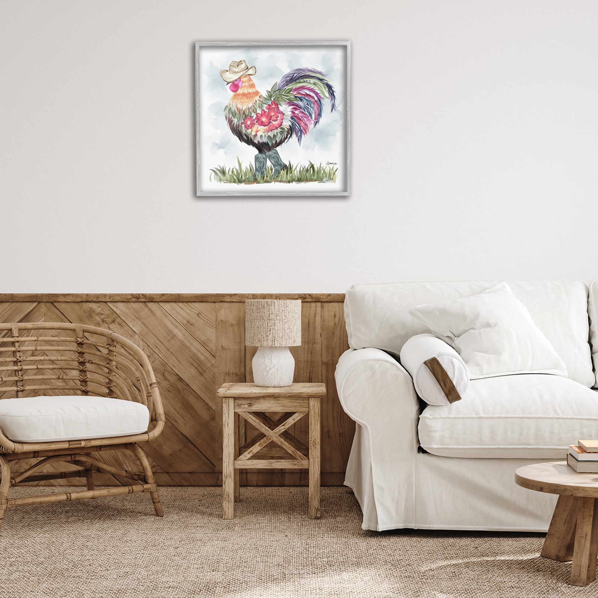 Stupell Industries Cowboy Floral Hen Animals & Insects Painting Gray Framed Art Print Wall Art, 24 x 24