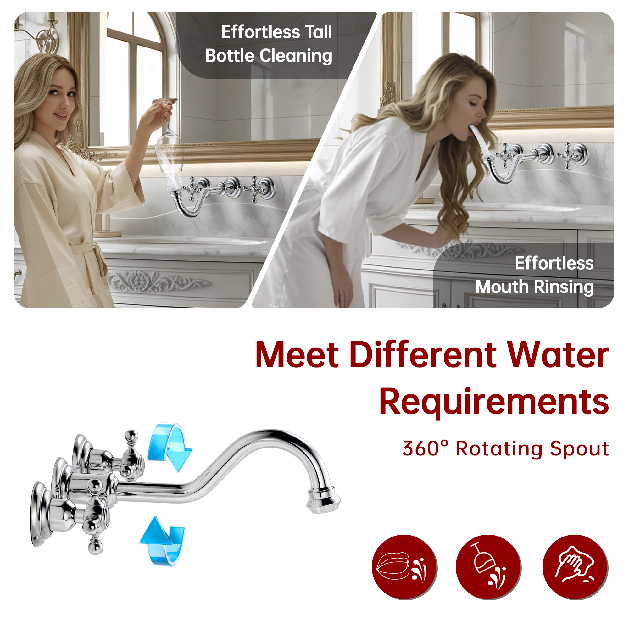 SUMERAIN Vintage Wall Mount Bathroom Vessel Sink Faucet,3 Holes Cross Knobs Lavatory Basin Faucet Chrome Finish with Included In-Wall Valve