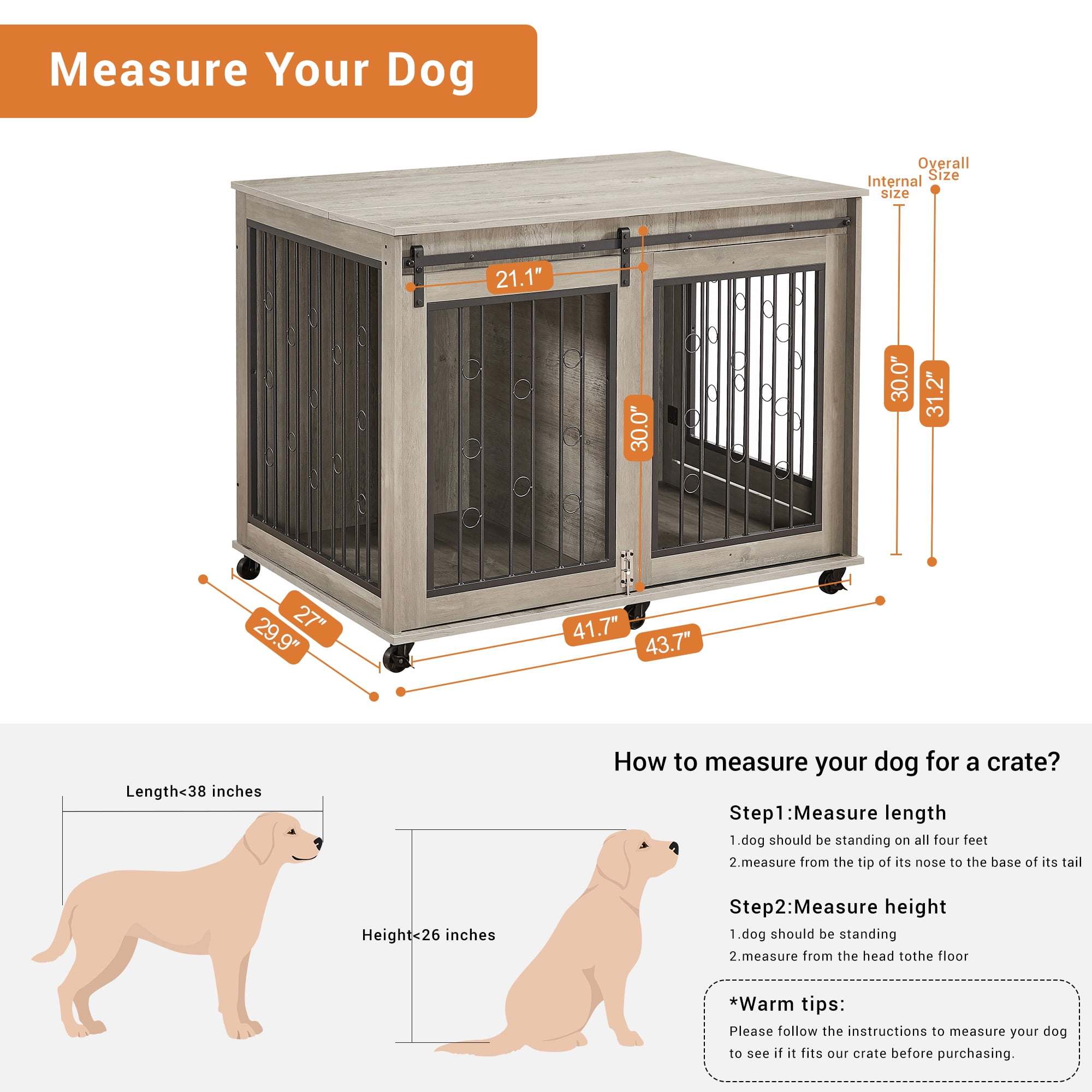 Pefilos 43" Sliding Door Dog Crate with Partition for Two Puppies, Furniture Style Dog Cage with Wheels, Indoor Kennel, Gray Pefilos 43" Sliding Door Dog Crate with Partition for Two Puppies, Furniture Style Dog Cage with Wheels, Indoor Kennel, Gray