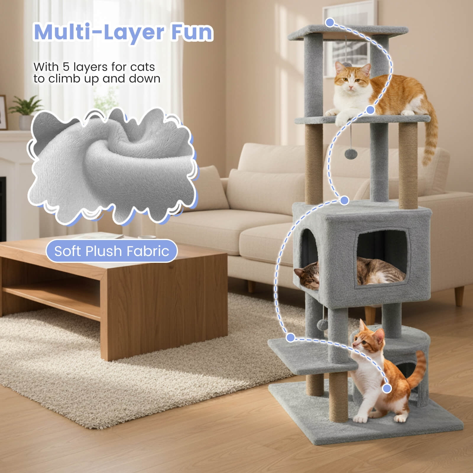 Costway 64” Tall Cat Tree with 2 Large Condos, Jute Scratching Posts, Plush Top Perch Light Gray