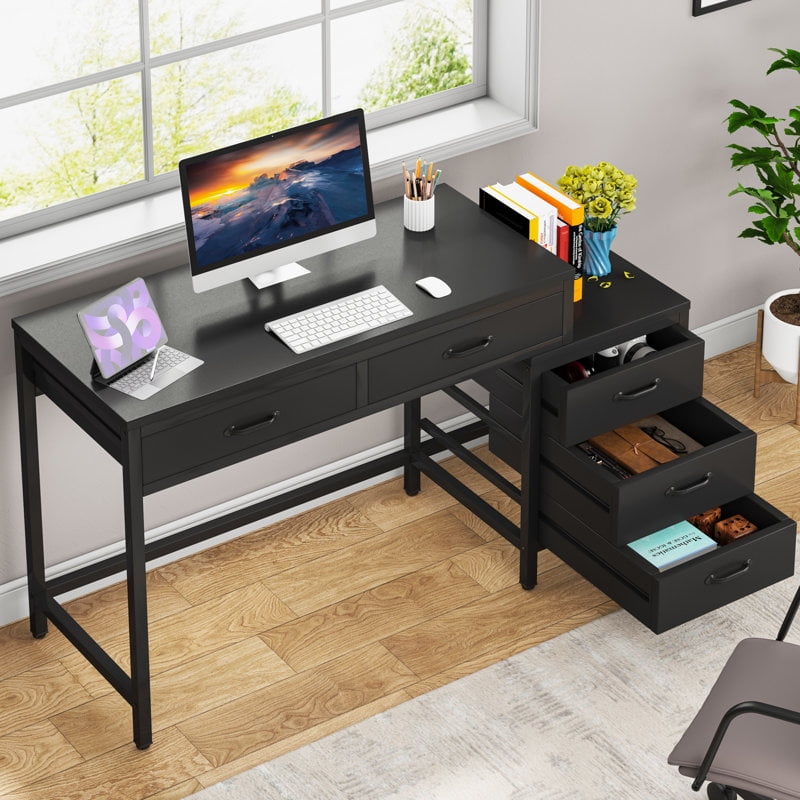 Tribesigns Computer Desk with 5 Drawers, Home Office Desks with Reversible Drawer Cabinet Printer Stand, Industrial PC Desk with Storage, Rustic Study Writing Table Workstation for Small Spaces