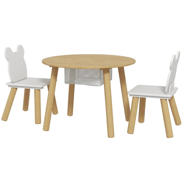 Natural Wood 3-Piece Activity Table & Chair Set with Bear Backrests, Storage Mesh, MDF & Pine, 23.6" Table, for Playrooms & Creative Spaces