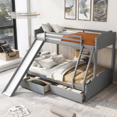 Twin Over Full Bunk Beds with Slide and 2 Storage Drawers  Upholstery Bunk Bed with Convertible Slide and Ladder  Wooden Bunk Bed Frame for Kids Teens Boys & Girls (Gray)