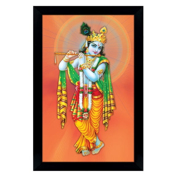 IBA Indianbeautifulart Lord Krishna Playing Flute Frame Holy Hindu Poster With Frame Religious Poster Home Decor Ready To Hang Wooden Frame Deity Photo Frame