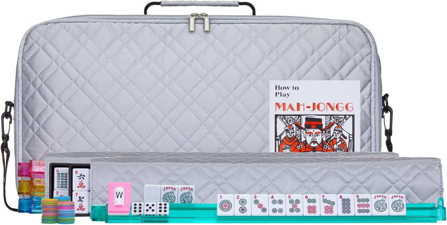 American Mahjong Set “Silver - Quilted PU Leather Carrying Bag with Shoulder Strap & Handles, All-in-One Tile Racks with Pushers, 166 Engraved Tiles, Dice, Bettor, Extra Tiles & Instructions