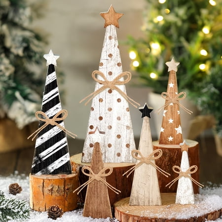 Christmas Wooden Decorations Set 6Pcs Tree & Polka Dot Ornaments for Desktop Windowsill Coffee Bar Farmhouse Holiday Party Decor for Fall Halloween Thanksgiving Christmas