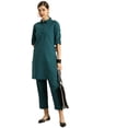 thumbnail image 1 of eloria Women's Fashion Solid Collared Neck Design Kurti WithTrouser, Fabric : Cotton, Color : Teal, Size : X-Small, 1 of 8