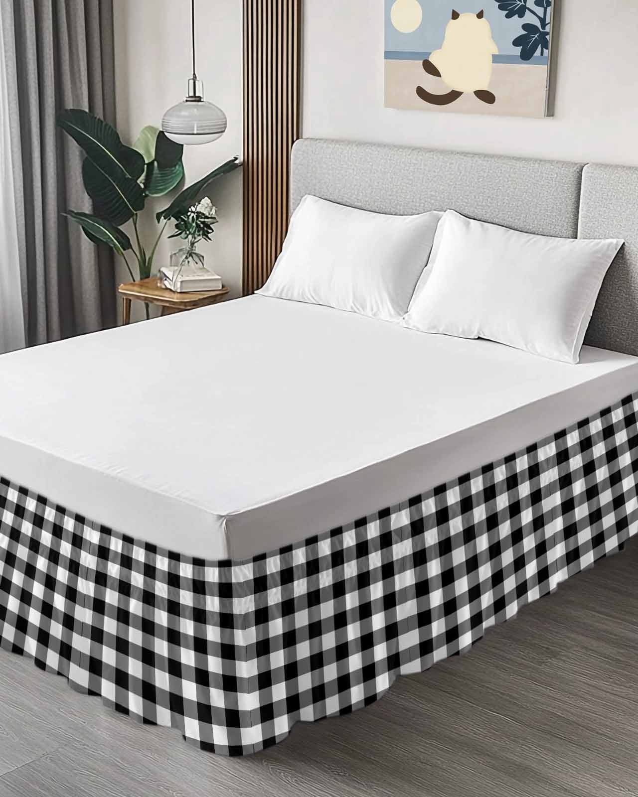 Black White Plaid Wrap Around Bed Skirts for Queen Bed 16" Drop,Bed Skirt with Adjustable Elastic Belt Dust Ruffle Bed Valance for Bedroom Hotel Gradient Geometric Buffalo Checkered Bed Frame Cover