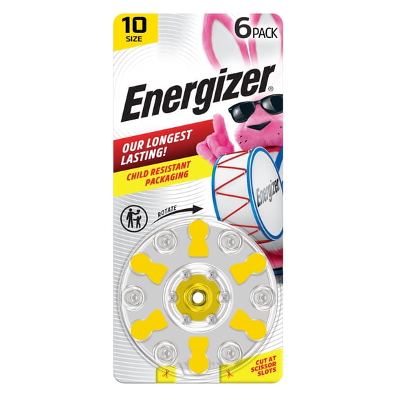 Energizer Hearing Aid Batteries Size 10, Yellow Tab, 6 Pack