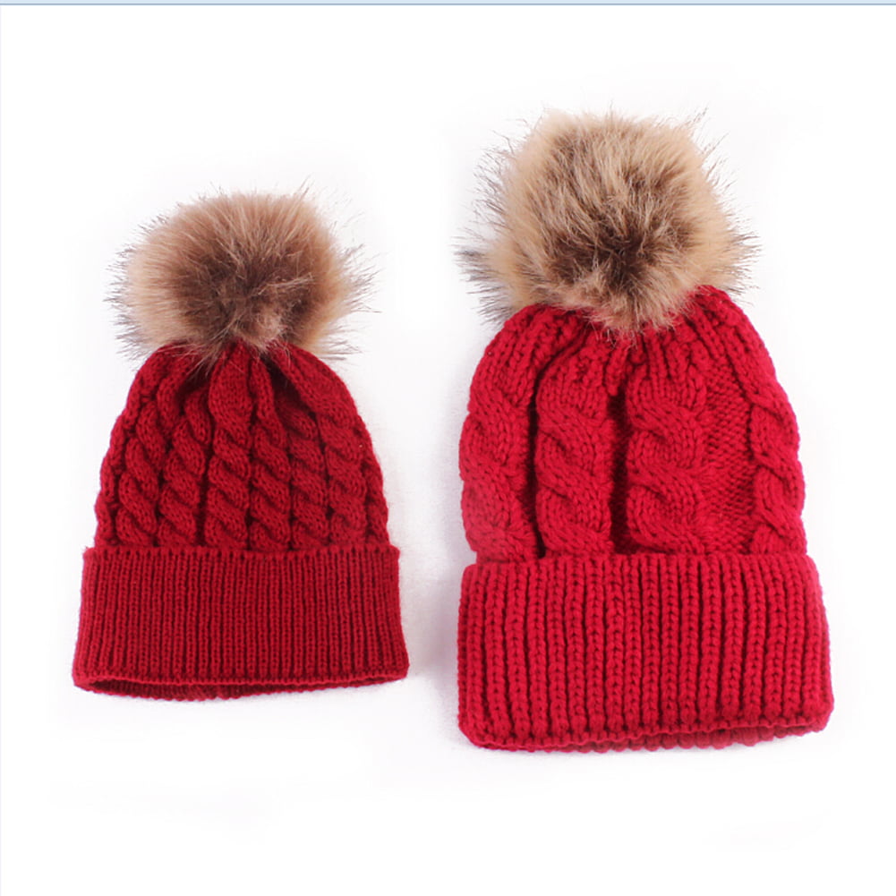 2pcs Winter Mom And Daughter Matching Knitted Beanie Cap Keep Warm Faux Fur 