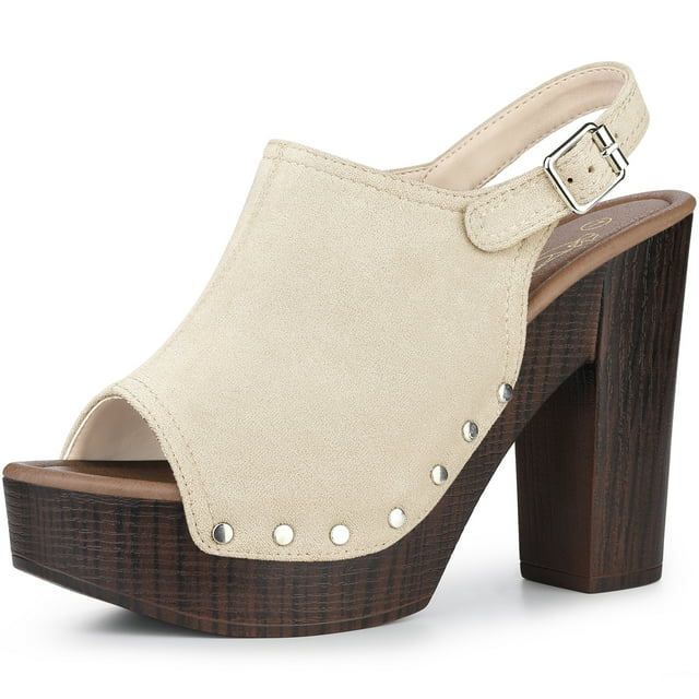 BLISSFUL STEP Women's Slingback Platform Chunky Heel Sandals Beige (Size 9.5)