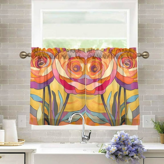 Yayeee Kitchen Curtains Tier Pair Light Filtering 27"x36" Rod Pocket Short Cafe Window Panel, Purple Abstract Floral