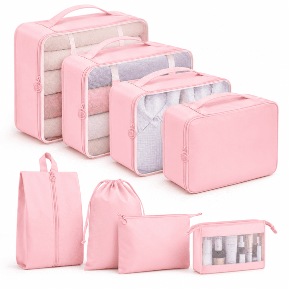 Packing Cubes for Travel,8Pcs Travel Cubes Set Foldable Suitcase Organizer Lightweight Luggage Storage Bag,Pink