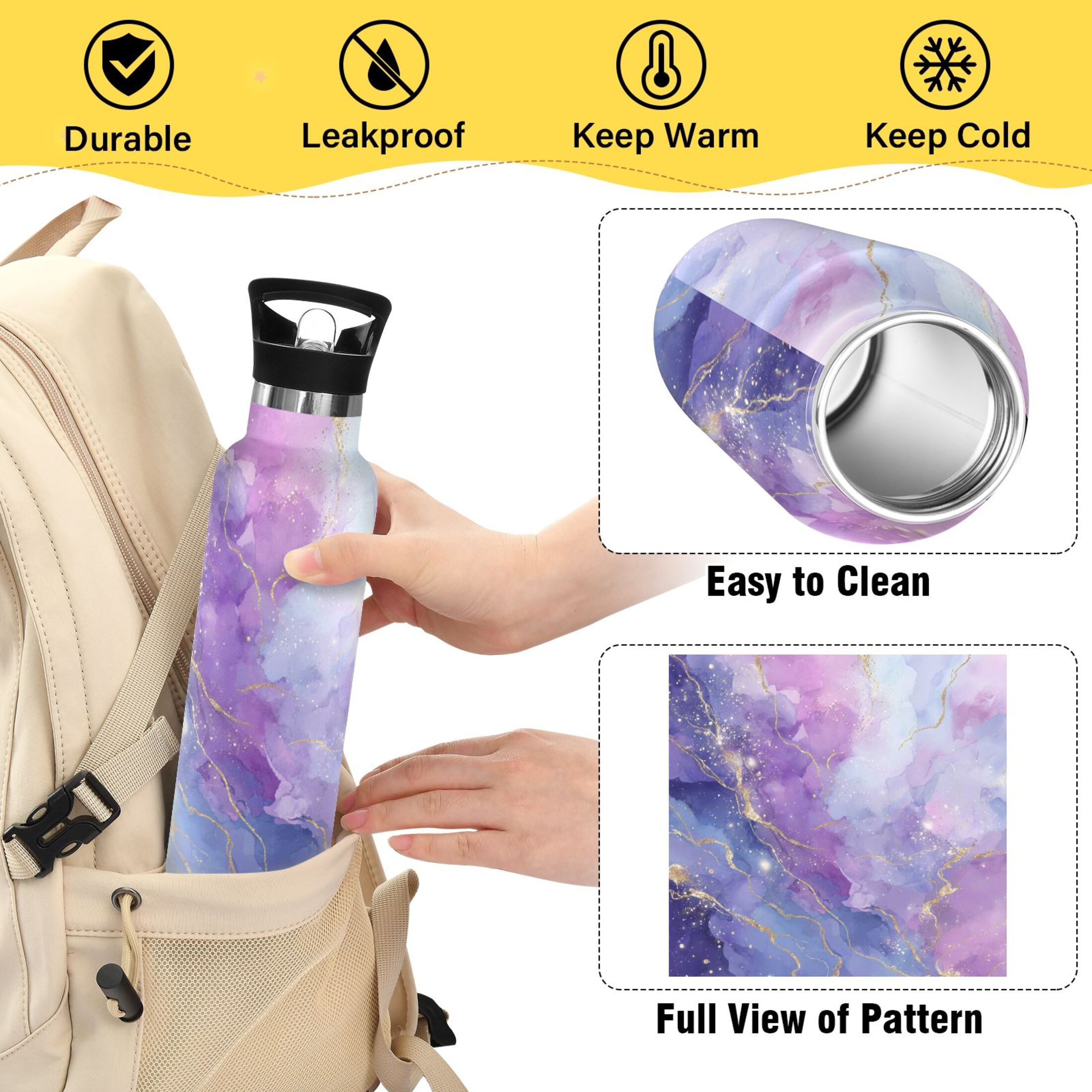 Kids Insulated Stainless Steel Sports Water Bottle 600ml (20oz) Pink and Blue Marble Texture