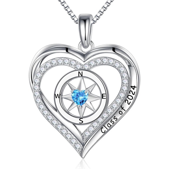 Compass Graduation Gifts for Her 2024, S925 Sterling Silver Birthstone Necklace Engraved Class of 2024 Inspirational Graduation Necklaces High School College Graduation Gifts for Her 2024