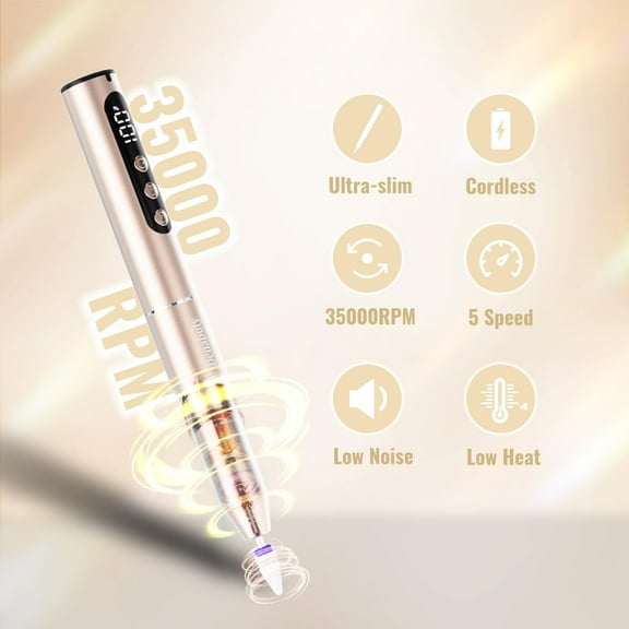 QIHE-Electric Nail Drill Cordless, 35000RPM Portable Electric Nail File with LCD Display and 12 Nail Drill Bits for Acrylic & Gel Nails, Professional Manicure & Pedicure Kit Set Golden