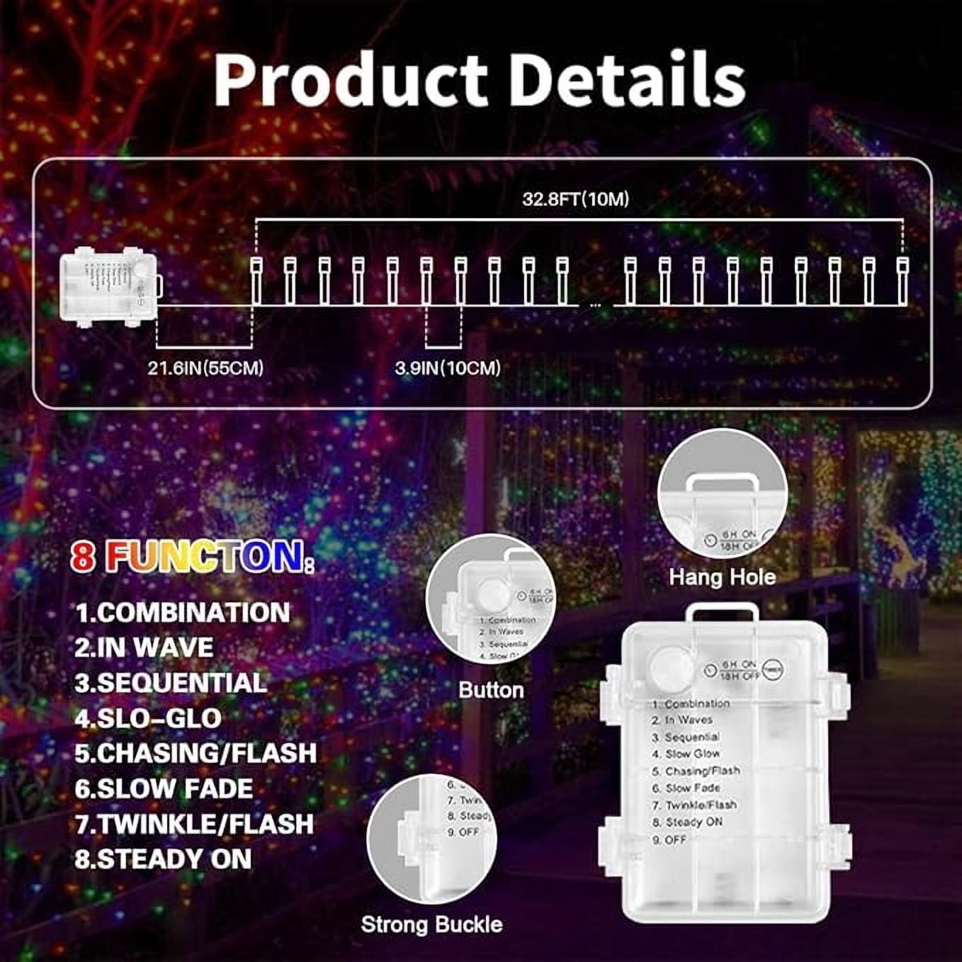 LAMPHOME Battery Powered Multicolor Christmas String Lights, 34.1FT 100 LED Waterproof Christmas Tree Lights with 8 Lighting Modes, Indoor & Outdoor Xmas Decor for Yard, Wedding, Home Ornaments