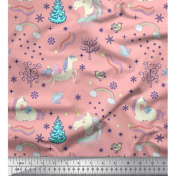Soimoi Pink polyester Crepe Fabric Unicorn & Rainbow Nature Printed Fabric 1 Yard 52 Inch Wide
