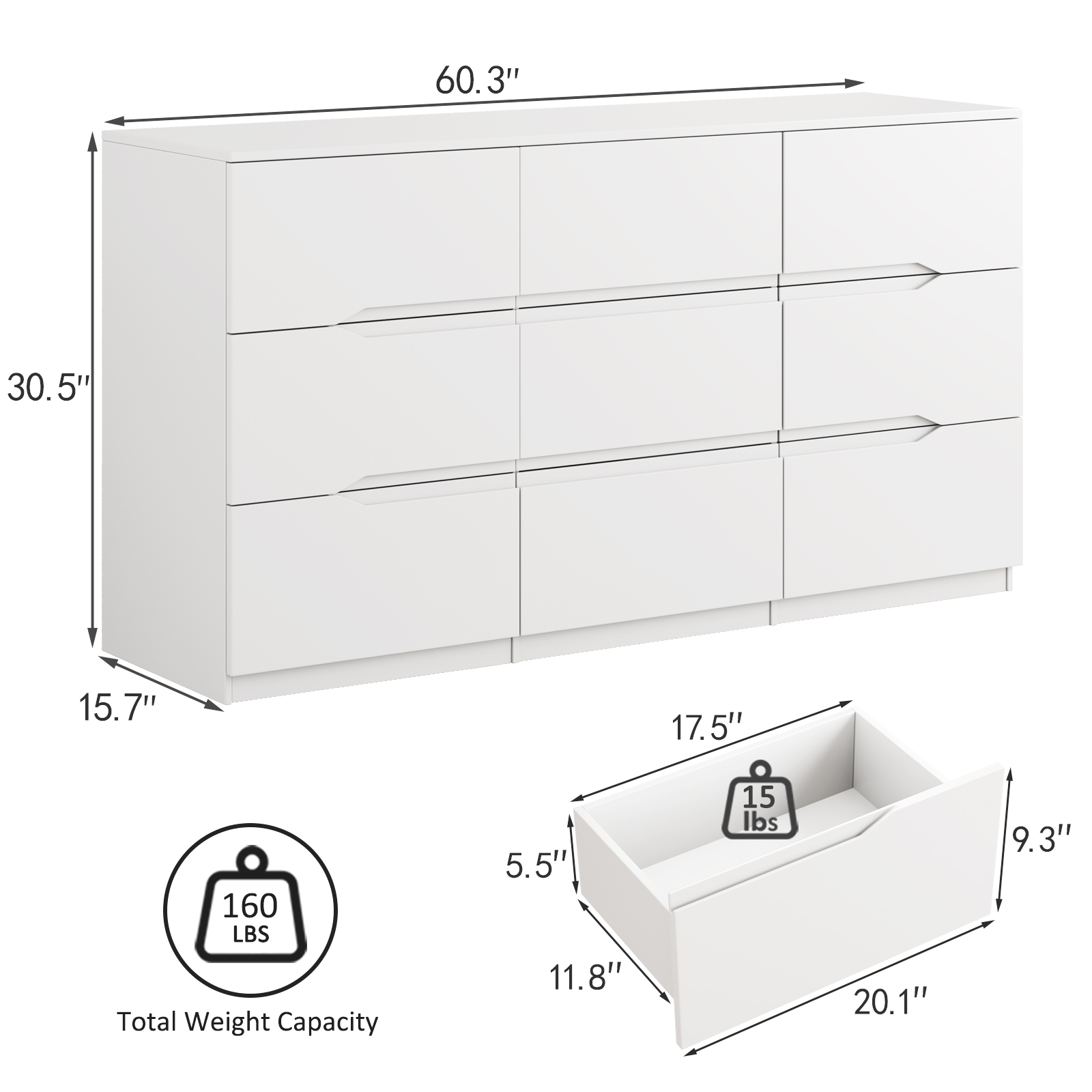 60.3 Inch Wide Modern White 9-Drawer Dresser, Spacious Storage Chest for Bedroom