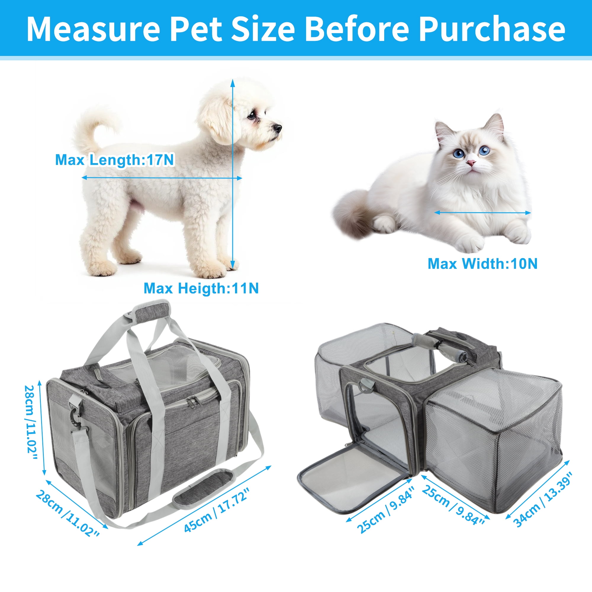 Unique Bargains Expandable Airline Approved Cat Carrier Soft-Sided Pet Travel Carrier with Removable Pad Collapsible Pet Carrier for Dogs Cats and Small Animals Grey