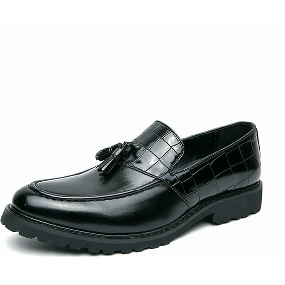 Men's Fashion Tassel Low Heel Leather Loafers Comfort Round Toe Lug Sole Slip-On Casual Shoes Business Office Non-Slip Dress Shoes