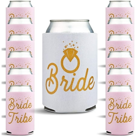 Bachelorette Party Favors - 13 Pack Bridal Shower Decor Can Coolers with Party Game - Bachelorette Gifts for Bride, 13 Beer Can Insulated Sleeves Bachelorette Party Supplies, White, Pink with Gold