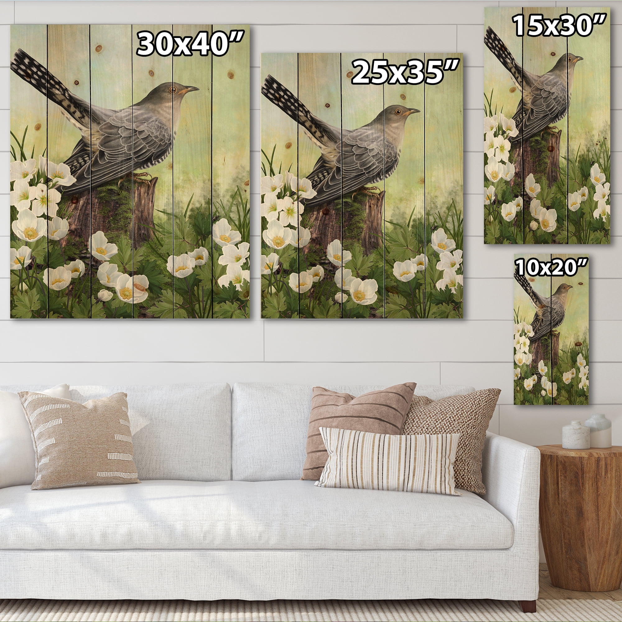 Designart 'Cuckoo Bird On An Old Stump and White Flowers' Traditional Print on Natural Pine Wood