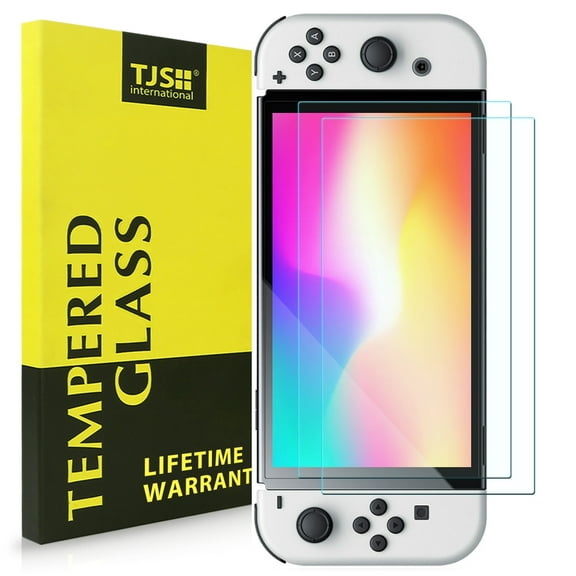 TJS [2 Pack] Screen Protector Tempered Glass for Nintendo Switch OLED Model 2021 [Works While Docking] - 0.3mm Thickness/Bubble Free/Ultra Clear/9H Hardness/Anti-Scratch/Anti-Fingerprint (Clear)