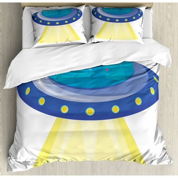 Alien Duvet Cover Set King Size, UFO Flying Object Unknown Spaceship Print, Decorative 3 Piece Bedding Set with 2 Pillow Shams, Pale Sky Blue Dark Violet Pale Yellow and Ceil Blue, by Ambesonne