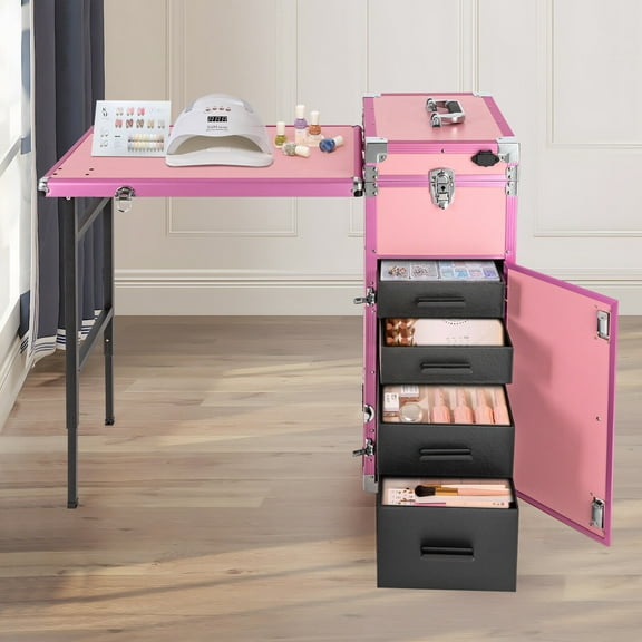 Rolling Manicure Table Nail Desk Mobile Station Travel Train Case Cosmetic Trolley Pink